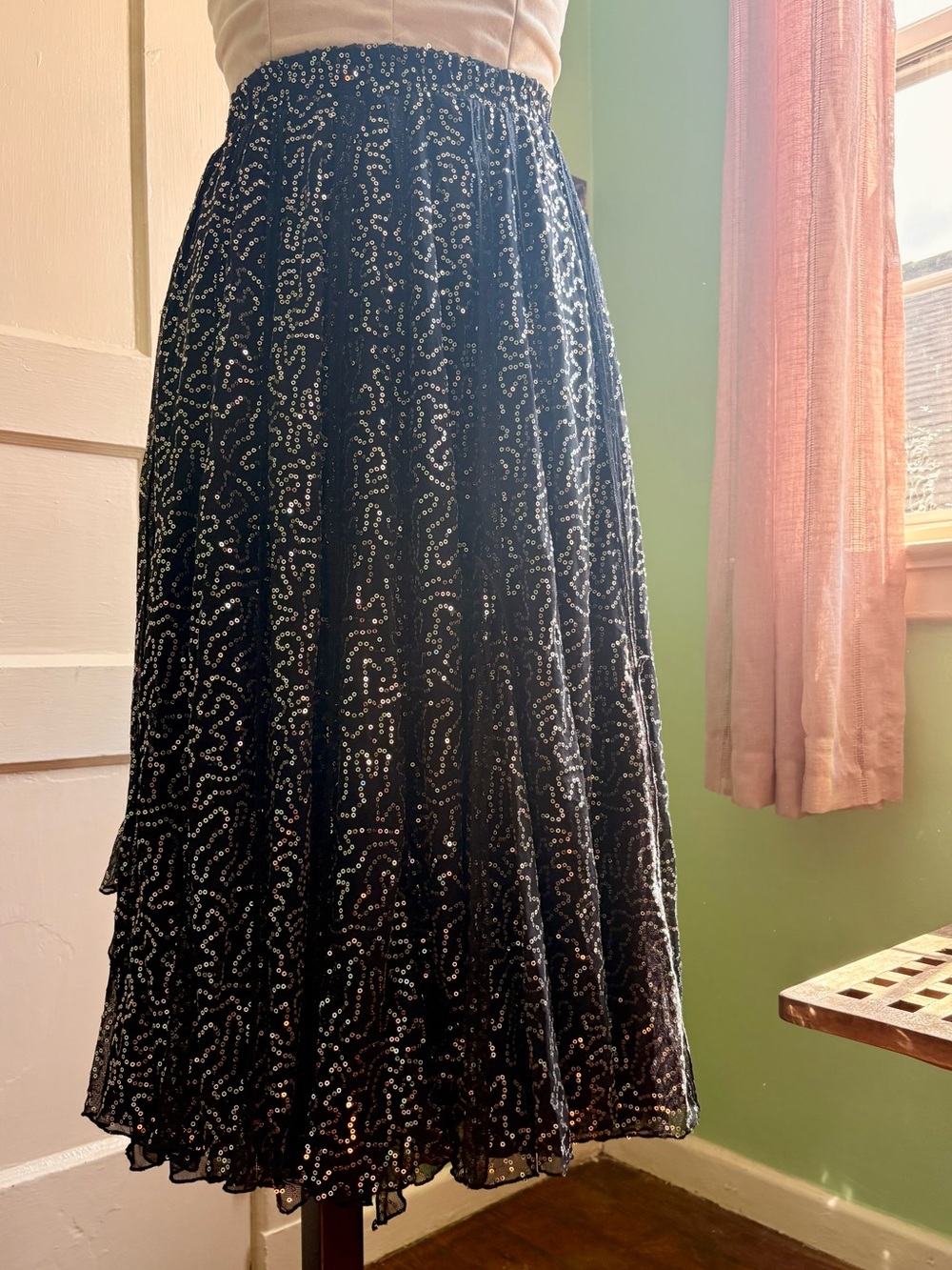 Black Silver Sequin Pleated Maxi Skirt